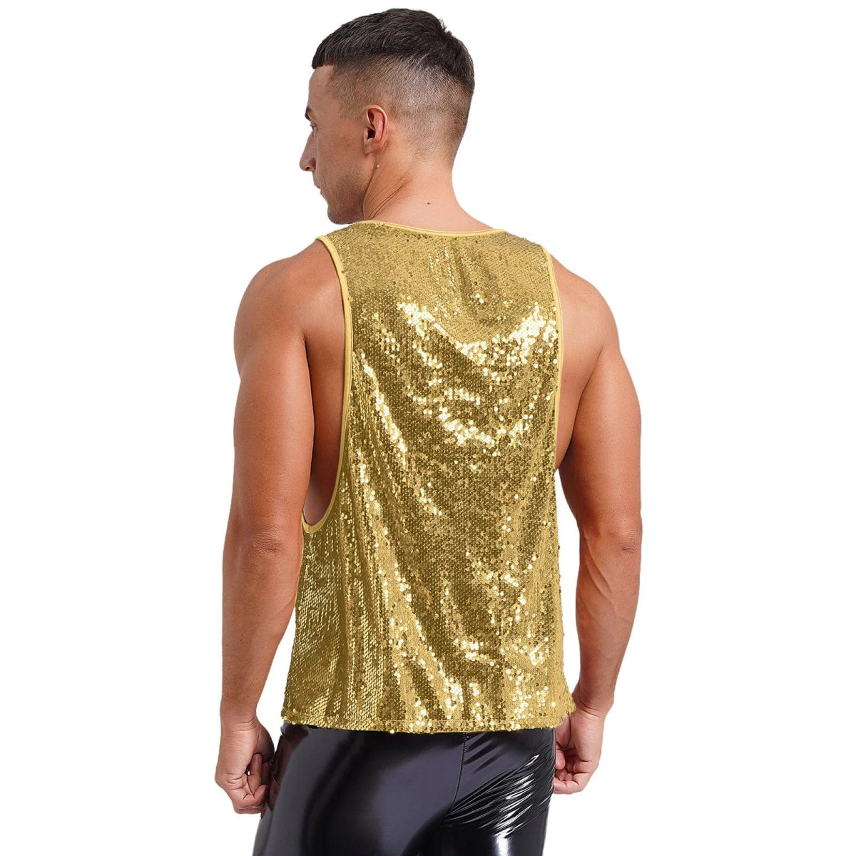 Mens Glitter Sequin Dance Vest Tank Tops Low Crew Neck Smooth Lining Waistcoat Top for Club Music Festival Disco Party Dancing - SHOWLU FASHION STORE
