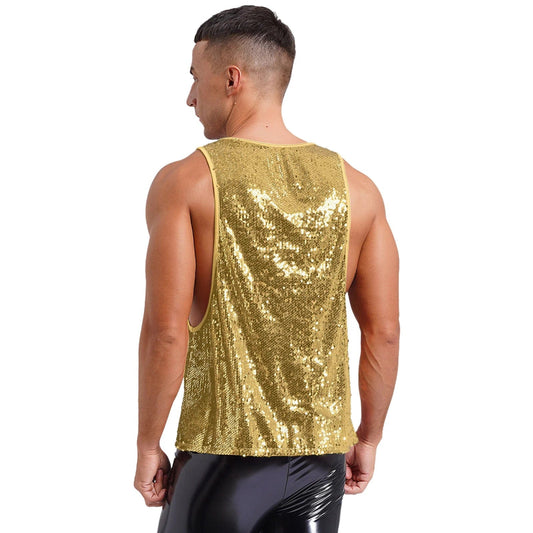 Mens Glitter Sequin Dance Vest Tank Tops Low Crew Neck Smooth Lining Waistcoat Top for Club Music Festival Disco Party Dancing - SHOWLU FASHION STORE