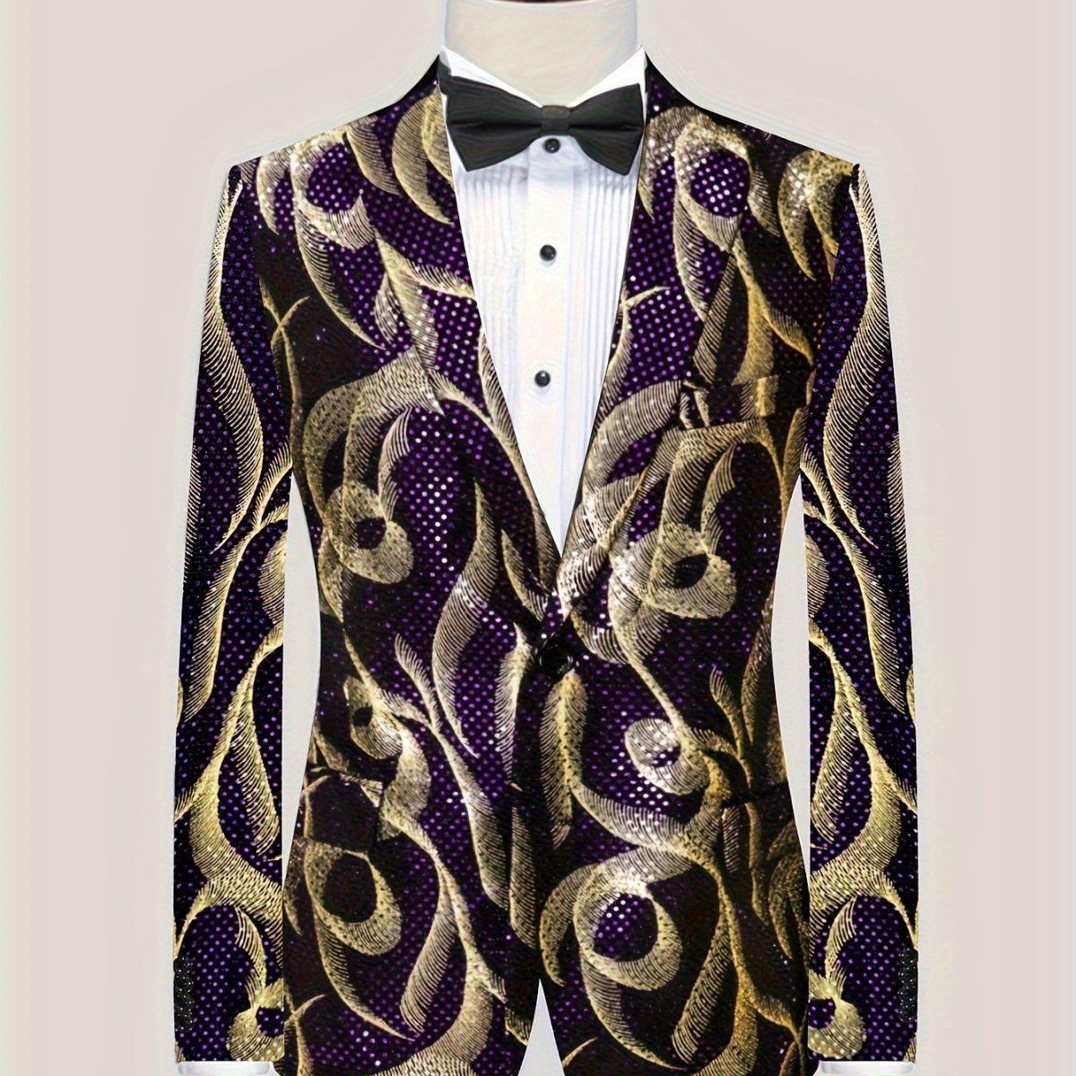 Men's Glittering Purple & Golden Paisley Party Blazer - Stylish One - Piece Suit Jacket with Black Lapels, Long Sleeves, and Side Pockets for Formal Events - SHOWLU FASHION STORE