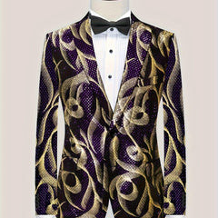 Men's Glittering Purple & Golden Paisley Party Blazer - Stylish One - Piece Suit Jacket with Black Lapels, Long Sleeves, and Side Pockets for Formal Events - SHOWLU FASHION STORE