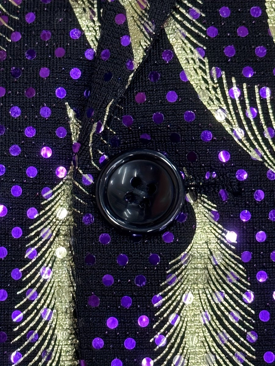 Men's Glittering Purple & Golden Paisley Party Blazer - Stylish One - Piece Suit Jacket with Black Lapels, Long Sleeves, and Side Pockets for Formal Events - SHOWLU FASHION STORE