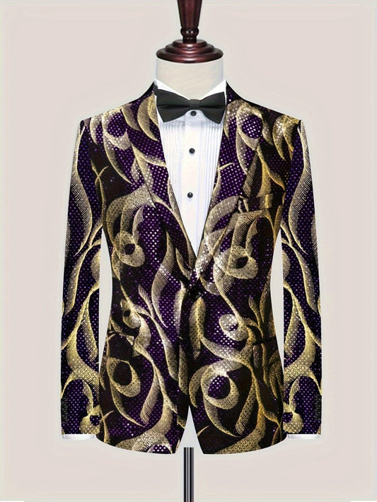 Men's Glittering Purple & Golden Paisley Party Blazer - Stylish One - Piece Suit Jacket with Black Lapels, Long Sleeves, and Side Pockets for Formal Events - SHOWLU FASHION STORE