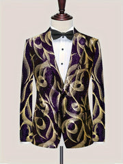 Men's Glittering Purple & Golden Paisley Party Blazer - Stylish One - Piece Suit Jacket with Black Lapels, Long Sleeves, and Side Pockets for Formal Events - SHOWLU FASHION STORE