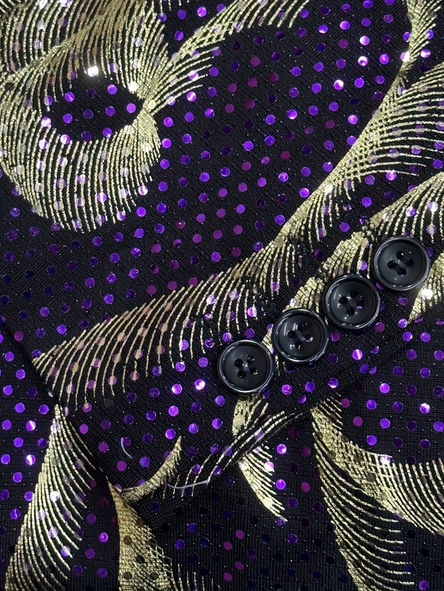 Men's Glittering Purple & Golden Paisley Party Blazer - Stylish One - Piece Suit Jacket with Black Lapels, Long Sleeves, and Side Pockets for Formal Events - SHOWLU FASHION STORE