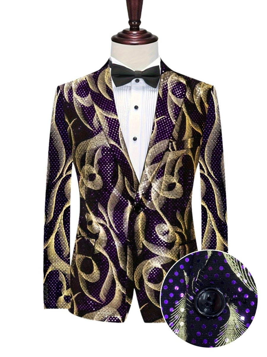 Men's Glittering Purple & Golden Paisley Party Blazer - Stylish One - Piece Suit Jacket with Black Lapels, Long Sleeves, and Side Pockets for Formal Events - SHOWLU FASHION STORE