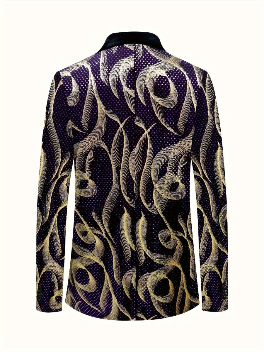 Men's Glittering Purple & Golden Paisley Party Blazer - Stylish One - Piece Suit Jacket with Black Lapels, Long Sleeves, and Side Pockets for Formal Events - SHOWLU FASHION STORE