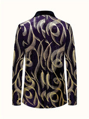 Men's Glittering Purple & Golden Paisley Party Blazer - Stylish One - Piece Suit Jacket with Black Lapels, Long Sleeves, and Side Pockets for Formal Events - SHOWLU FASHION STORE