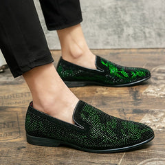 Men's Glittery Green Rhinestone Slip - On Loafers - Stylish Pointed Toe Dress Shoes with Black PU Upper & Rubber Sole for Casual or Formal Wear - SHOWLU FASHION STORE
