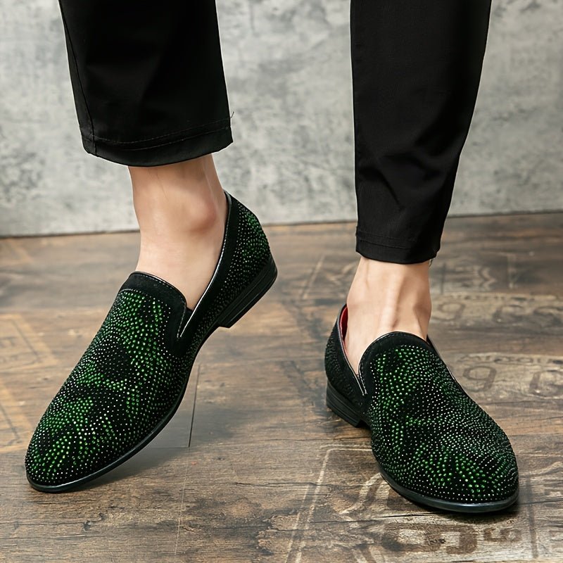 Men's Glittery Green Rhinestone Slip - On Loafers - Stylish Pointed Toe Dress Shoes with Black PU Upper & Rubber Sole for Casual or Formal Wear - SHOWLU FASHION STORE