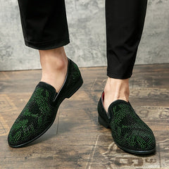 Men's Glittery Green Rhinestone Slip - On Loafers - Stylish Pointed Toe Dress Shoes with Black PU Upper & Rubber Sole for Casual or Formal Wear - SHOWLU FASHION STORE
