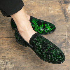 Men's Glittery Green Rhinestone Slip - On Loafers - Stylish Pointed Toe Dress Shoes with Black PU Upper & Rubber Sole for Casual or Formal Wear - SHOWLU FASHION STORE