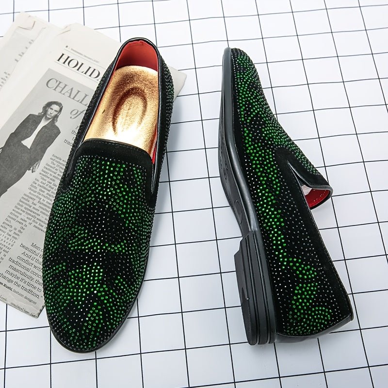 Men's Glittery Green Rhinestone Slip - On Loafers - Stylish Pointed Toe Dress Shoes with Black PU Upper & Rubber Sole for Casual or Formal Wear - SHOWLU FASHION STORE