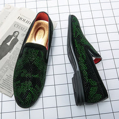 Men's Glittery Green Rhinestone Slip - On Loafers - Stylish Pointed Toe Dress Shoes with Black PU Upper & Rubber Sole for Casual or Formal Wear - SHOWLU FASHION STORE