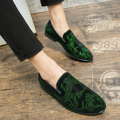 Men's Glittery Green Rhinestone Slip - On Loafers - Stylish Pointed Toe Dress Shoes with Black PU Upper & Rubber Sole for Casual or Formal Wear - SHOWLU FASHION STORE