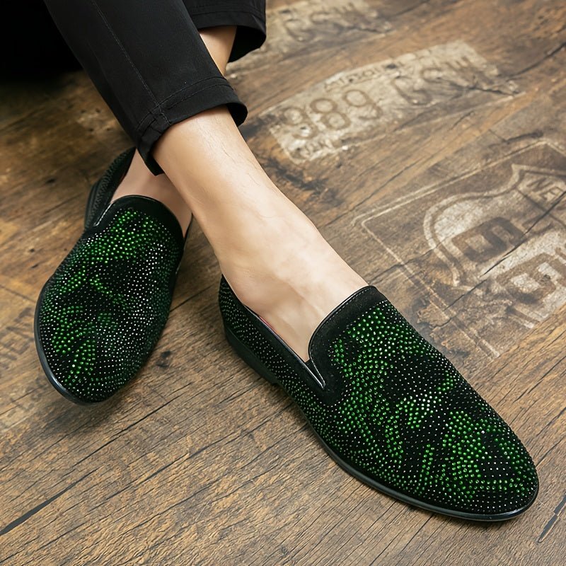 Men's Glittery Green Rhinestone Slip - On Loafers - Stylish Pointed Toe Dress Shoes with Black PU Upper & Rubber Sole for Casual or Formal Wear - SHOWLU FASHION STORE
