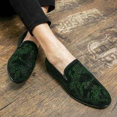 Men's Glittery Green Rhinestone Slip - On Loafers - Stylish Pointed Toe Dress Shoes with Black PU Upper & Rubber Sole for Casual or Formal Wear - SHOWLU FASHION STORE