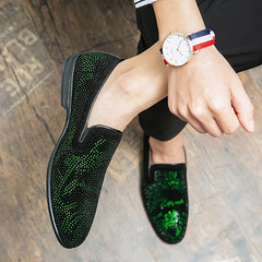 Men's Glittery Green Rhinestone Slip - On Loafers - Stylish Pointed Toe Dress Shoes with Black PU Upper & Rubber Sole for Casual or Formal Wear - SHOWLU FASHION STORE