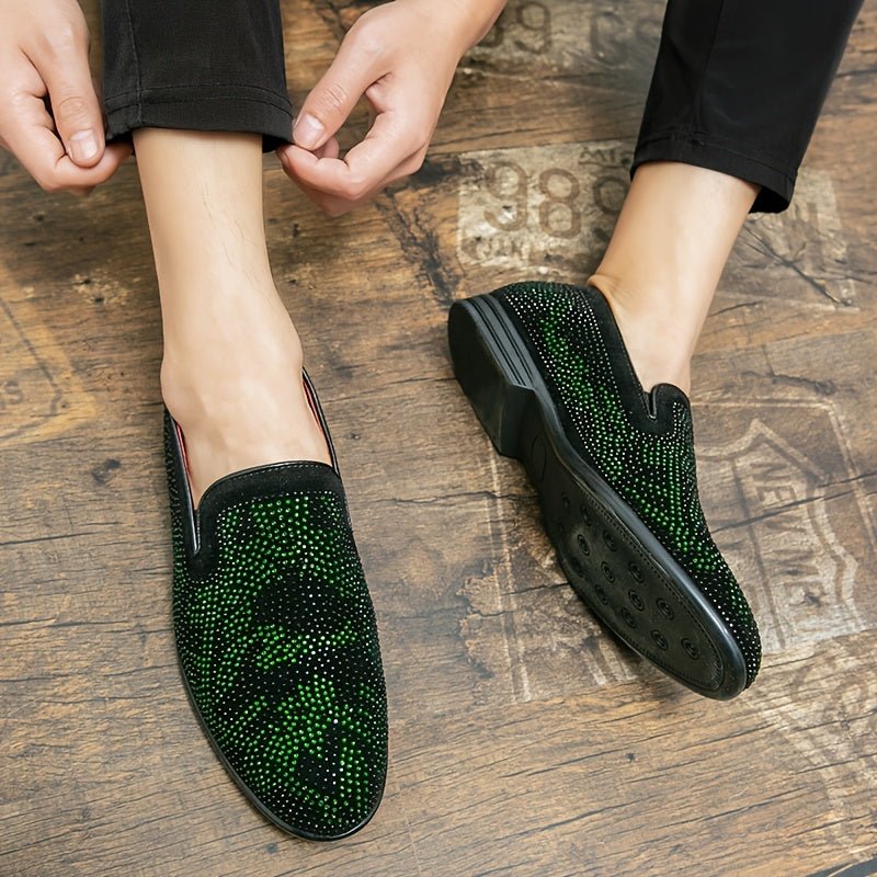 Men's Glittery Green Rhinestone Slip - On Loafers - Stylish Pointed Toe Dress Shoes with Black PU Upper & Rubber Sole for Casual or Formal Wear - SHOWLU FASHION STORE