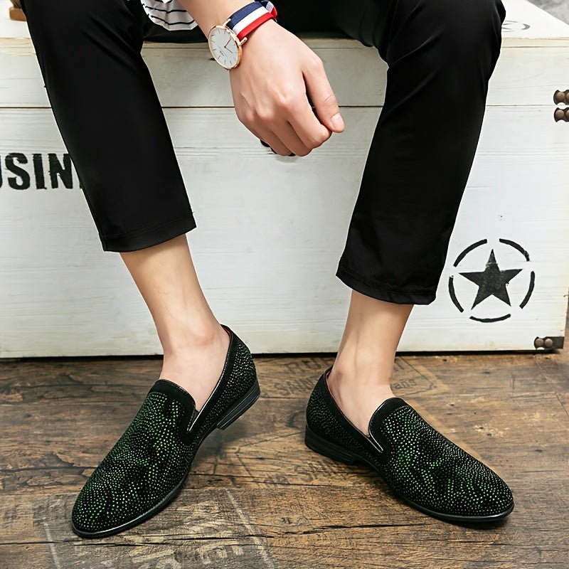 Men's Glittery Green Rhinestone Slip - On Loafers - Stylish Pointed Toe Dress Shoes with Black PU Upper & Rubber Sole for Casual or Formal Wear - SHOWLU FASHION STORE