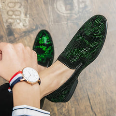 Men's Glittery Green Rhinestone Slip - On Loafers - Stylish Pointed Toe Dress Shoes with Black PU Upper & Rubber Sole for Casual or Formal Wear - SHOWLU FASHION STORE