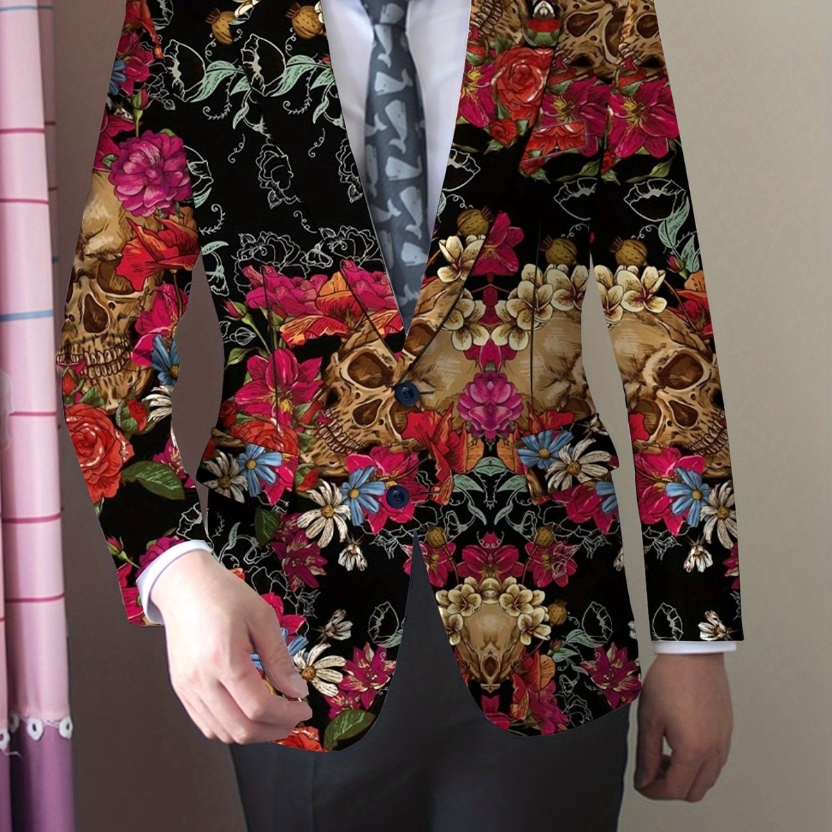 Men's Gothic Skull Print Blazer, Polyester Stretch Fabric, Regular Fit, Long Sleeve, No Belt, Button Detail, Suit Jacket for Mature Men, All - Season Wear - SHOWLU FASHION STORE
