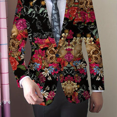 Men's Gothic Skull Print Blazer, Polyester Stretch Fabric, Regular Fit, Long Sleeve, No Belt, Button Detail, Suit Jacket for Mature Men, All - Season Wear - SHOWLU FASHION STORE