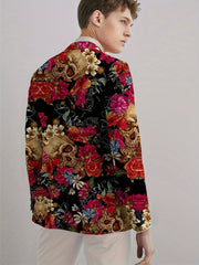 Men's Gothic Skull Print Blazer, Polyester Stretch Fabric, Regular Fit, Long Sleeve, No Belt, Button Detail, Suit Jacket for Mature Men, All - Season Wear - SHOWLU FASHION STORE