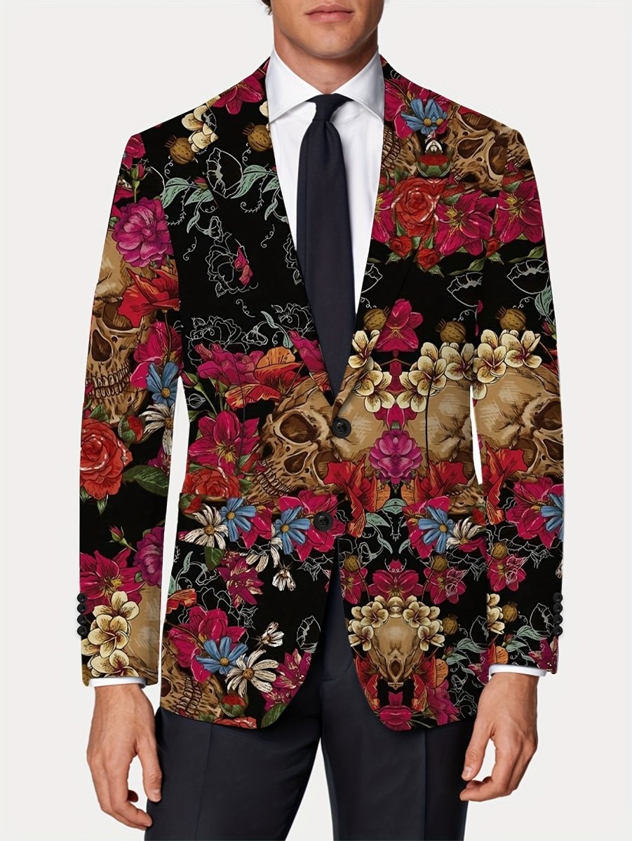 Men's Gothic Skull Print Blazer, Polyester Stretch Fabric, Regular Fit, Long Sleeve, No Belt, Button Detail, Suit Jacket for Mature Men, All - Season Wear - SHOWLU FASHION STORE