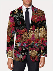 Men's Gothic Skull Print Blazer, Polyester Stretch Fabric, Regular Fit, Long Sleeve, No Belt, Button Detail, Suit Jacket for Mature Men, All - Season Wear - SHOWLU FASHION STORE