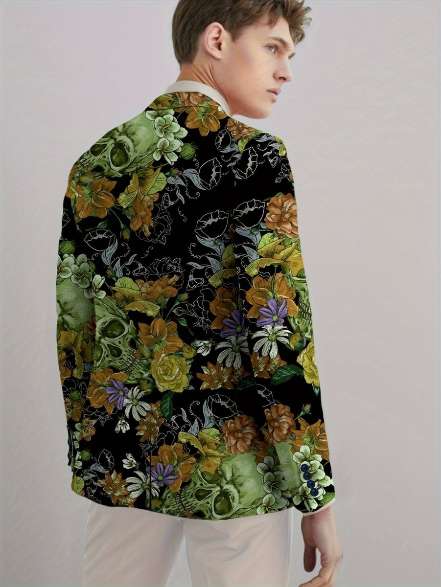 Men's Gothic Skull Print Blazer, Polyester Stretch Fabric, Regular Fit, Long Sleeve, No Belt, Button Detail, Suit Jacket for Mature Men, All - Season Wear - SHOWLU FASHION STORE