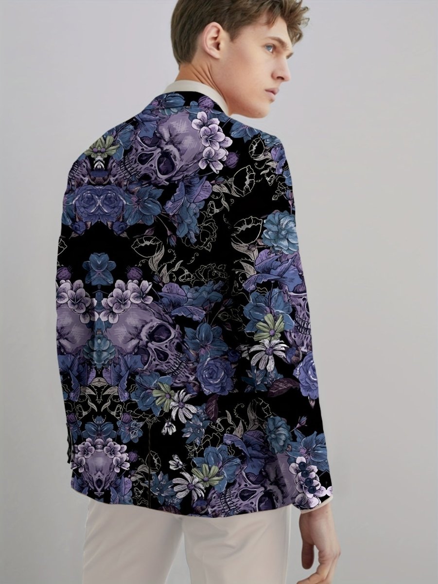 Men's Gothic Skull Print Blazer, Polyester Stretch Fabric, Regular Fit, Long Sleeve, No Belt, Button Detail, Suit Jacket for Mature Men, All - Season Wear - SHOWLU FASHION STORE