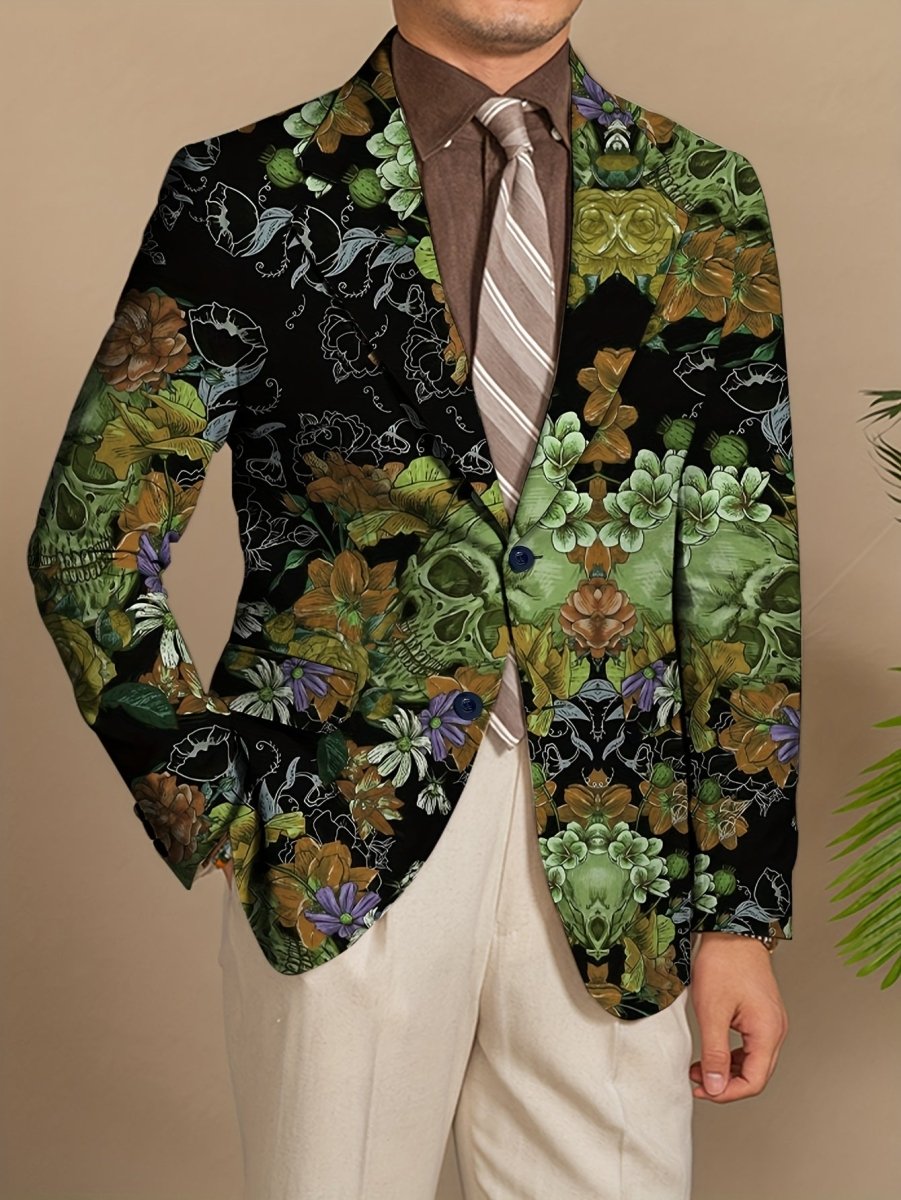 Men's Gothic Skull Print Blazer, Polyester Stretch Fabric, Regular Fit, Long Sleeve, No Belt, Button Detail, Suit Jacket for Mature Men, All - Season Wear - SHOWLU FASHION STORE