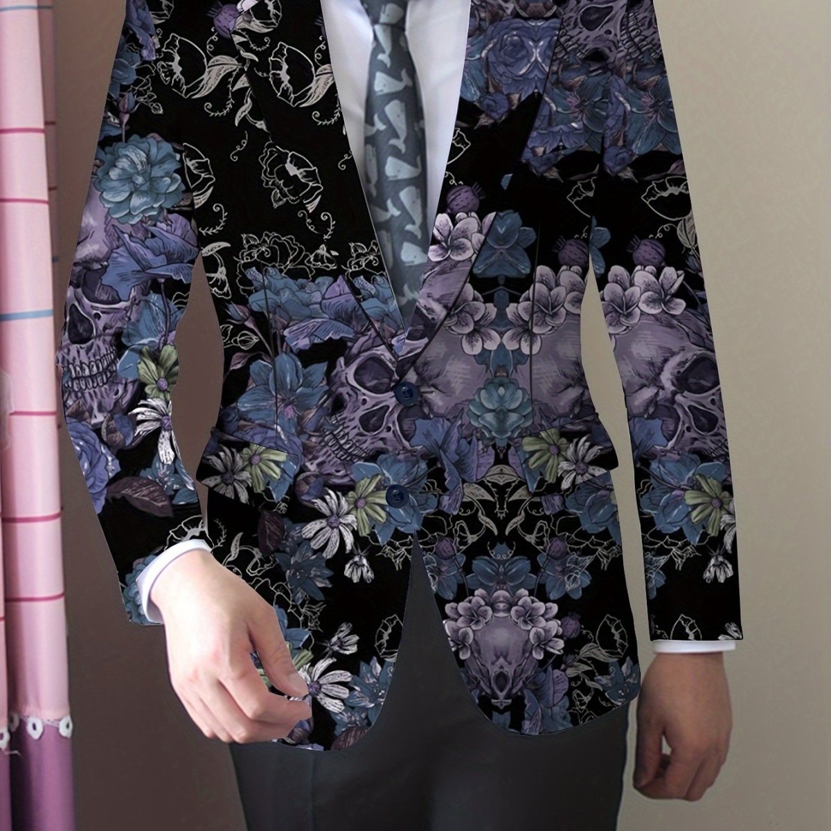 Men's Gothic Skull Print Blazer, Polyester Stretch Fabric, Regular Fit, Long Sleeve, No Belt, Button Detail, Suit Jacket for Mature Men, All - Season Wear - SHOWLU FASHION STORE