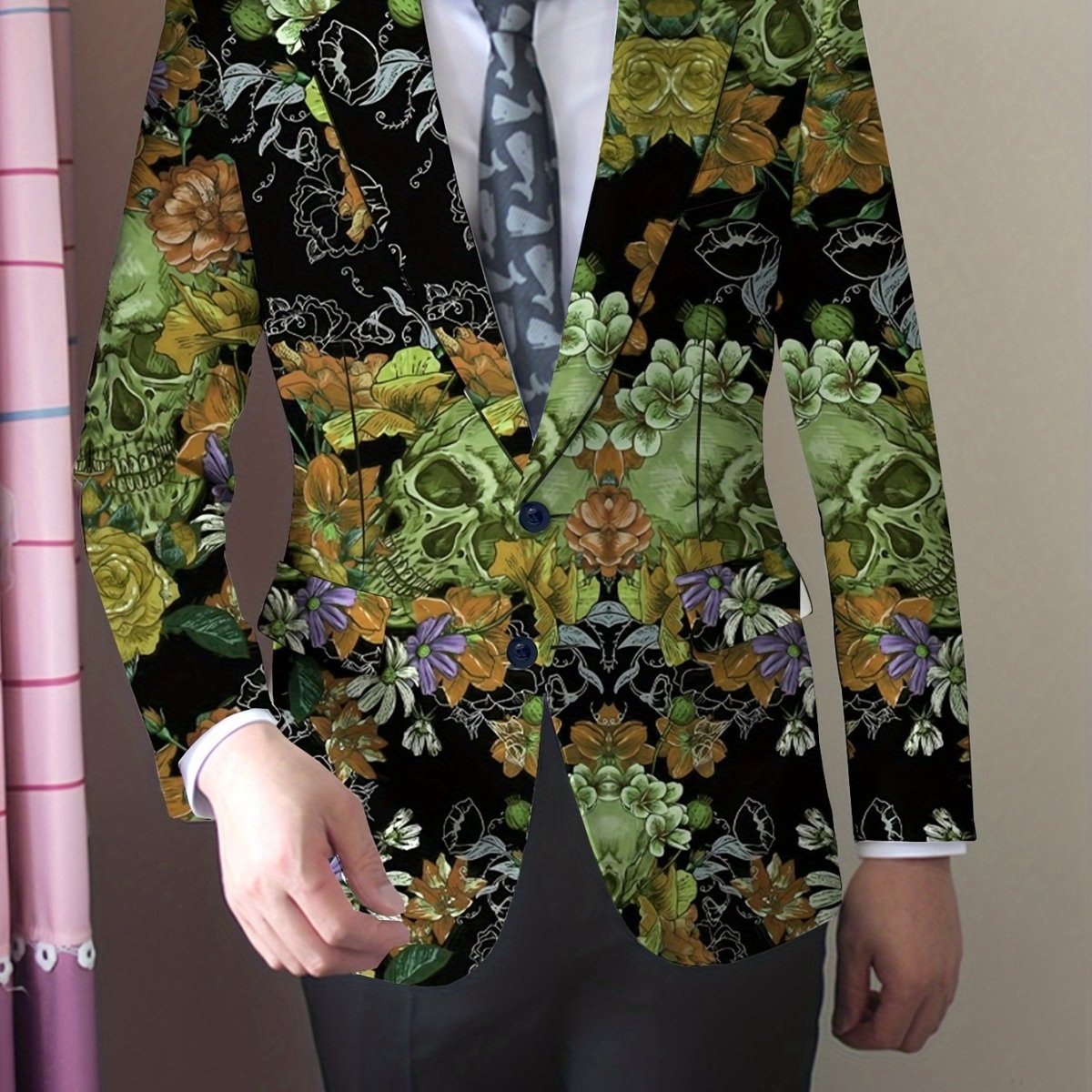Men's Gothic Skull Print Blazer, Polyester Stretch Fabric, Regular Fit, Long Sleeve, No Belt, Button Detail, Suit Jacket for Mature Men, All - Season Wear - SHOWLU FASHION STORE