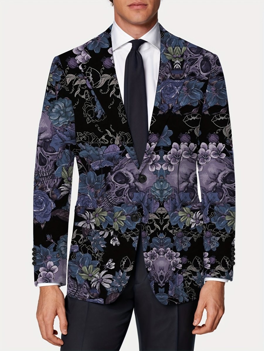 Men's Gothic Skull Print Blazer, Polyester Stretch Fabric, Regular Fit, Long Sleeve, No Belt, Button Detail, Suit Jacket for Mature Men, All - Season Wear - SHOWLU FASHION STORE