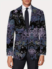 Men's Gothic Skull Print Blazer, Polyester Stretch Fabric, Regular Fit, Long Sleeve, No Belt, Button Detail, Suit Jacket for Mature Men, All - Season Wear - SHOWLU FASHION STORE
