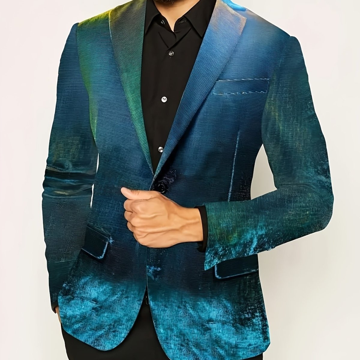 Men's Gradient Color Party Blazer - Two Button Suit Jacket with Flap Pockets, Dark Green to Blue Ombre Design, Perfect for Weddings, Events, and All - Season Wear, Party Wear Jacket | Formal Event Clothing | Smooth Texture Blaz - SHOWLU FASHION STORE