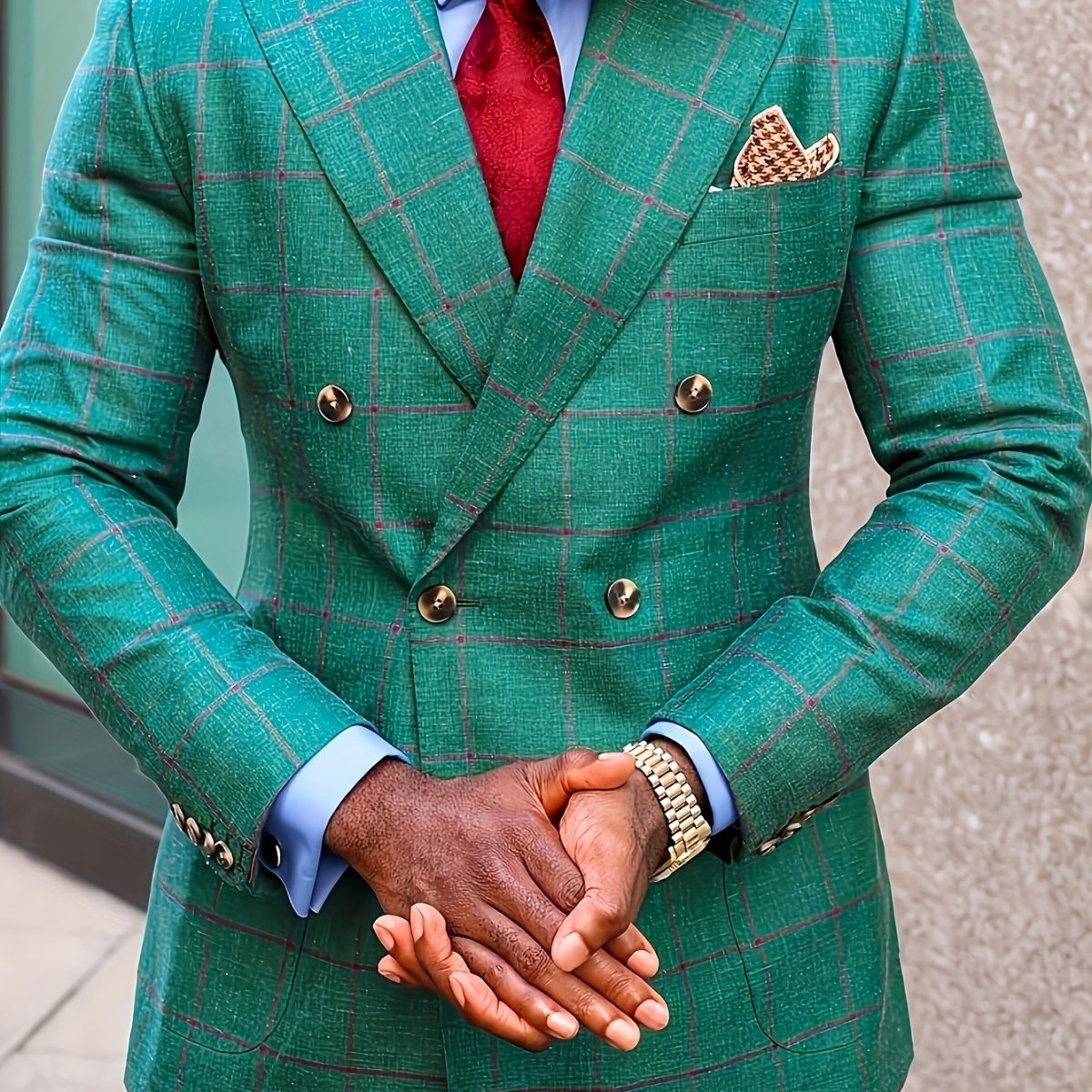 Men's Green Striped Blazer with Double - Breasted Design & Matching Pants - Lightweight Polyester, Machine Washable, Perfect for Spring & Fall Business Attire - SHOWLU FASHION STORE