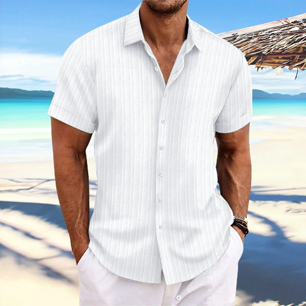 Men's Linen Striped Jacquard Casual Shirt - SHOWLU FASHION STORE