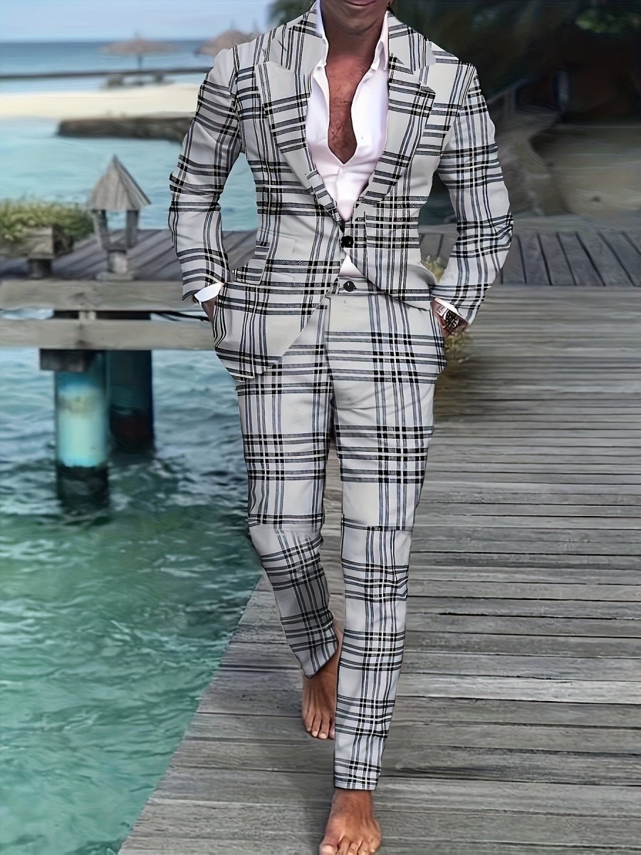 Men'S Plus Size Casual Suit, Striped Polyester 100% Workwear, Non - Stretch Woven Lapel Collar, Skinny Fit with Pockets, All - Season 120g/m² Fabric Weight, Lining Included - SHOWLU FASHION STORE