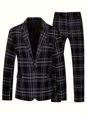 Men'S Plus Size Casual Suit, Striped Polyester 100% Workwear, Non - Stretch Woven Lapel Collar, Skinny Fit with Pockets, All - Season 120g/m² Fabric Weight, Lining Included - SHOWLU FASHION STORE