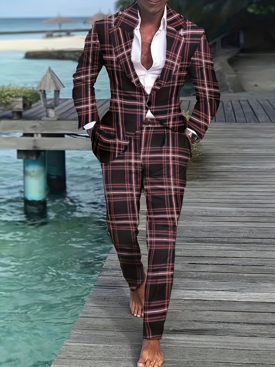 Men'S Plus Size Casual Suit, Striped Polyester 100% Workwear, Non - Stretch Woven Lapel Collar, Skinny Fit with Pockets, All - Season 120g/m² Fabric Weight, Lining Included - SHOWLU FASHION STORE