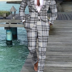 Men'S Plus Size Casual Suit, Striped Polyester 100% Workwear, Non - Stretch Woven Lapel Collar, Skinny Fit with Pockets, All - Season 120g/m² Fabric Weight, Lining Included - SHOWLU FASHION STORE