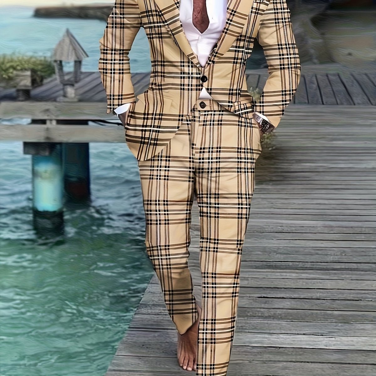Men'S Plus Size Casual Suit, Striped Polyester 100% Workwear, Non - Stretch Woven Lapel Collar, Skinny Fit with Pockets, All - Season 120g/m² Fabric Weight, Lining Included - SHOWLU FASHION STORE