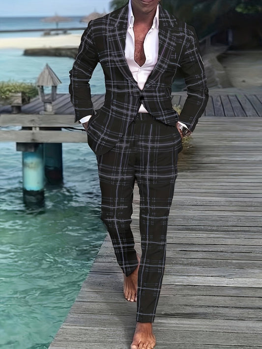 Men'S Plus Size Casual Suit, Striped Polyester 100% Workwear, Non - Stretch Woven Lapel Collar, Skinny Fit with Pockets, All - Season 120g/m² Fabric Weight, Lining Included - SHOWLU FASHION STORE