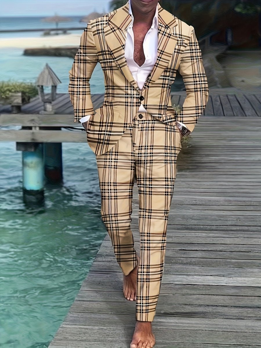 Men'S Plus Size Casual Suit, Striped Polyester 100% Workwear, Non - Stretch Woven Lapel Collar, Skinny Fit with Pockets, All - Season 120g/m² Fabric Weight, Lining Included - SHOWLU FASHION STORE