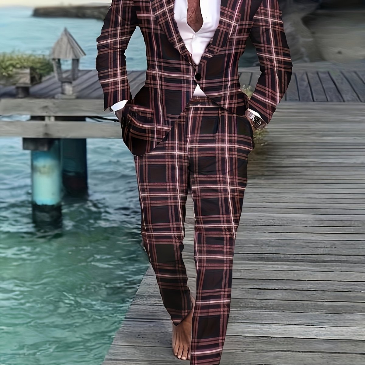 Men'S Plus Size Casual Suit, Striped Polyester 100% Workwear, Non - Stretch Woven Lapel Collar, Skinny Fit with Pockets, All - Season 120g/m² Fabric Weight, Lining Included - SHOWLU FASHION STORE