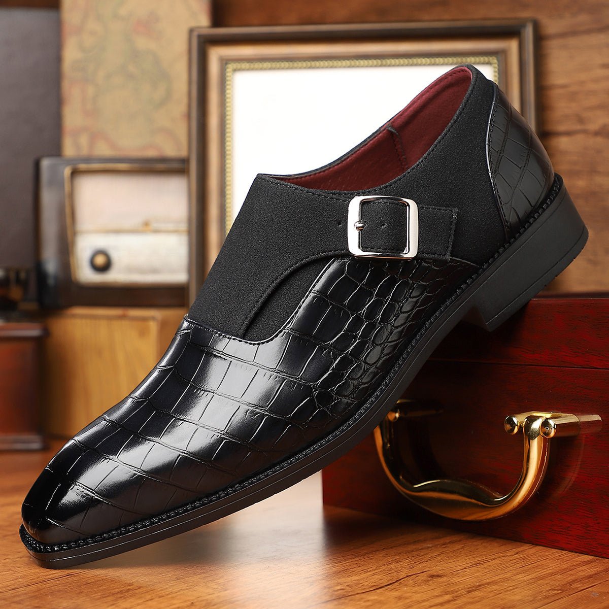 Men's Plus Size Slip - On Monk Shoes with Adjustable Buckle Straps, Navy Blue Crocodile Pattern Dress Shoes for Business & Formal Occasions, Comfortable Non - Slip Rubber Sole, Wedding Shoes | Pointed Toe Footwear | Crocodile Pat - SHOWLU FASHION STORE