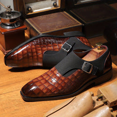 Men's Plus Size Slip - On Monk Shoes with Adjustable Buckle Straps, Navy Blue Crocodile Pattern Dress Shoes for Business & Formal Occasions, Comfortable Non - Slip Rubber Sole, Wedding Shoes | Pointed Toe Footwear | Crocodile Pat - SHOWLU FASHION STORE