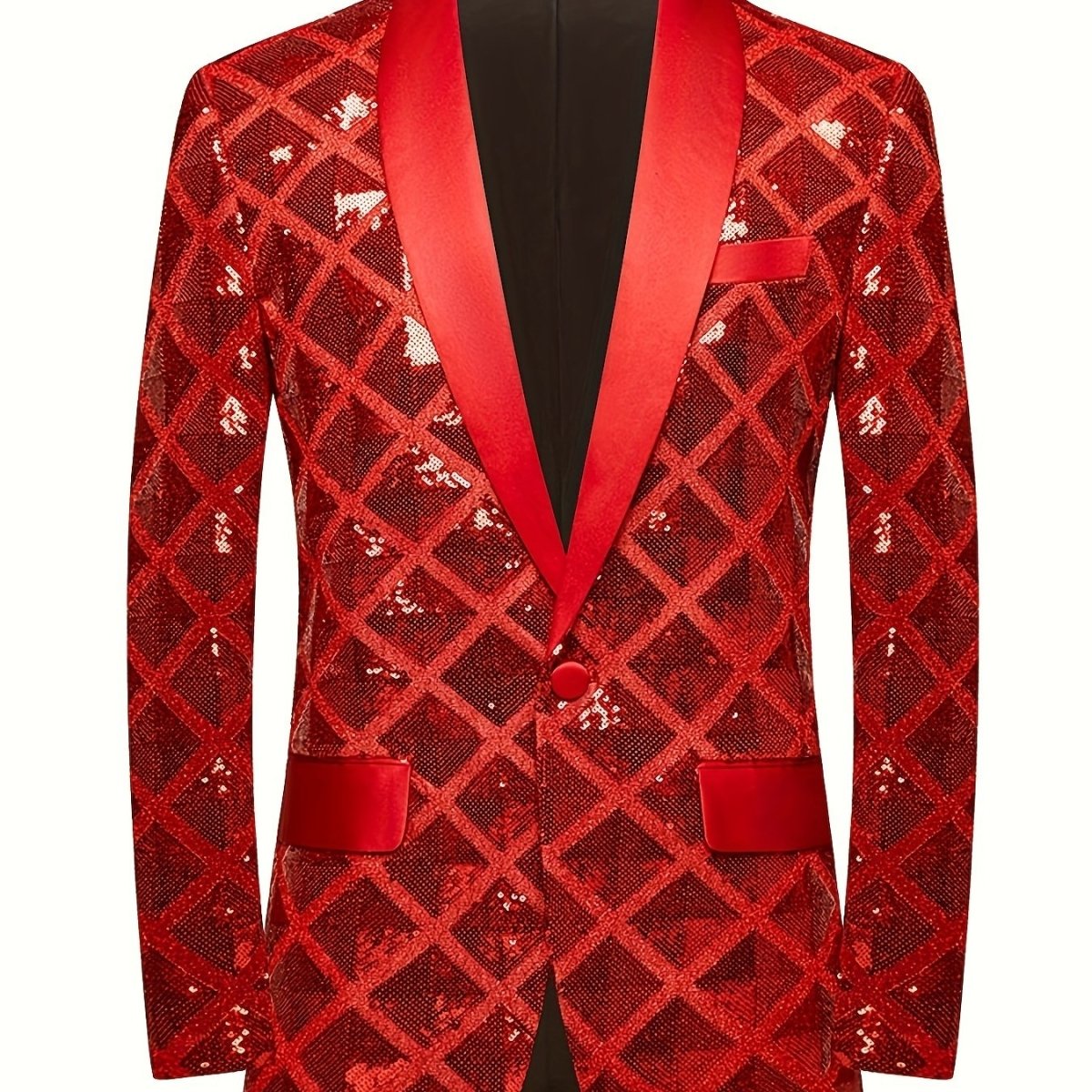 Men's Sequin Geometric Pattern Suit Jacket - One Button Blazer with Shawl Collar, Long Sleeves, and Pockets for Wedding and Banquet, Evening Wear|Elegant Suit|Polyester Fiber Jacket - SHOWLU FASHION STORE